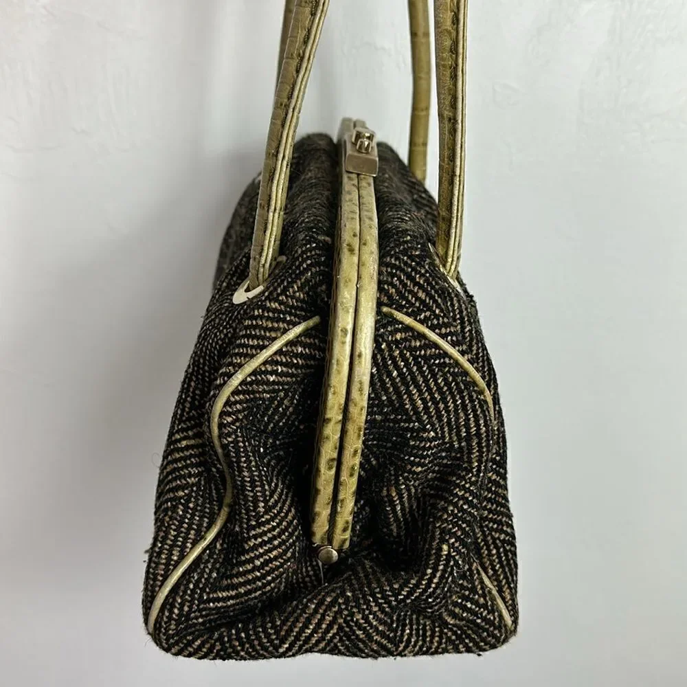 Ann Taylor Vintage Green Herringbone Print Handbag Shoulder Bag